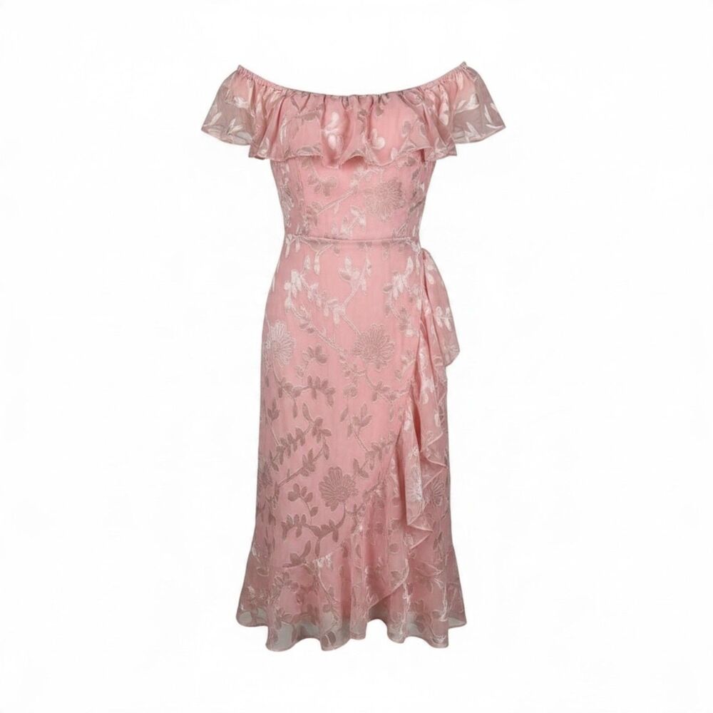 Lulus Pink Lace Off the Shoulder Ruffle Midi Dress NEW L